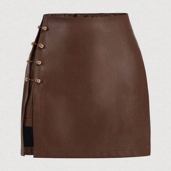 Dresses & Skirts - Brown Casual Women's Side Slit Metallic Trim Faux Leather A-Line skirt
